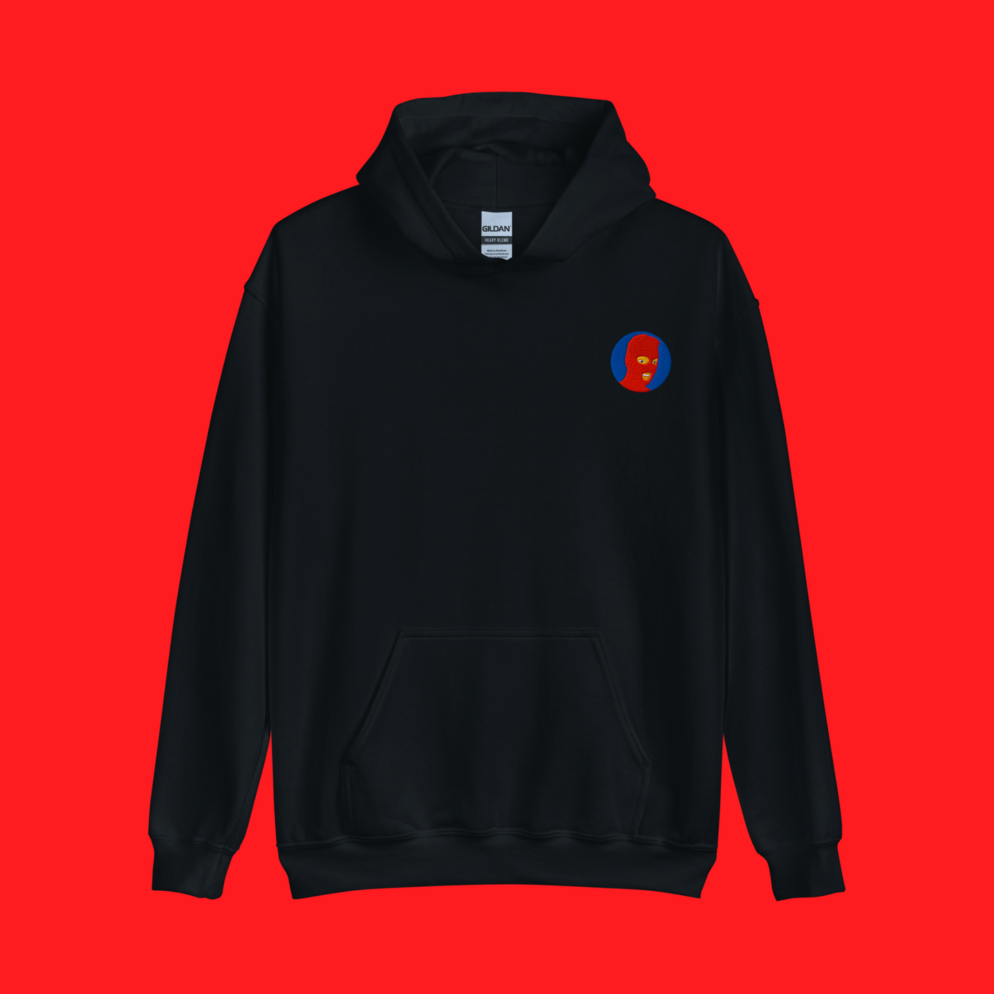 Black hoodie mockup for the Red Eye Collection logo variant. Logo features a red mask and blue background.