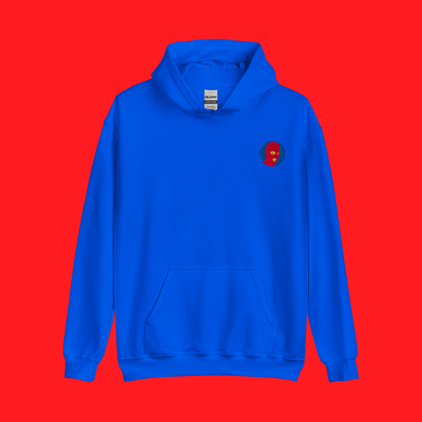 Royal blue hoodie mockup for the Red Eye Collection logo variant. Logo features a red mask and blue background.