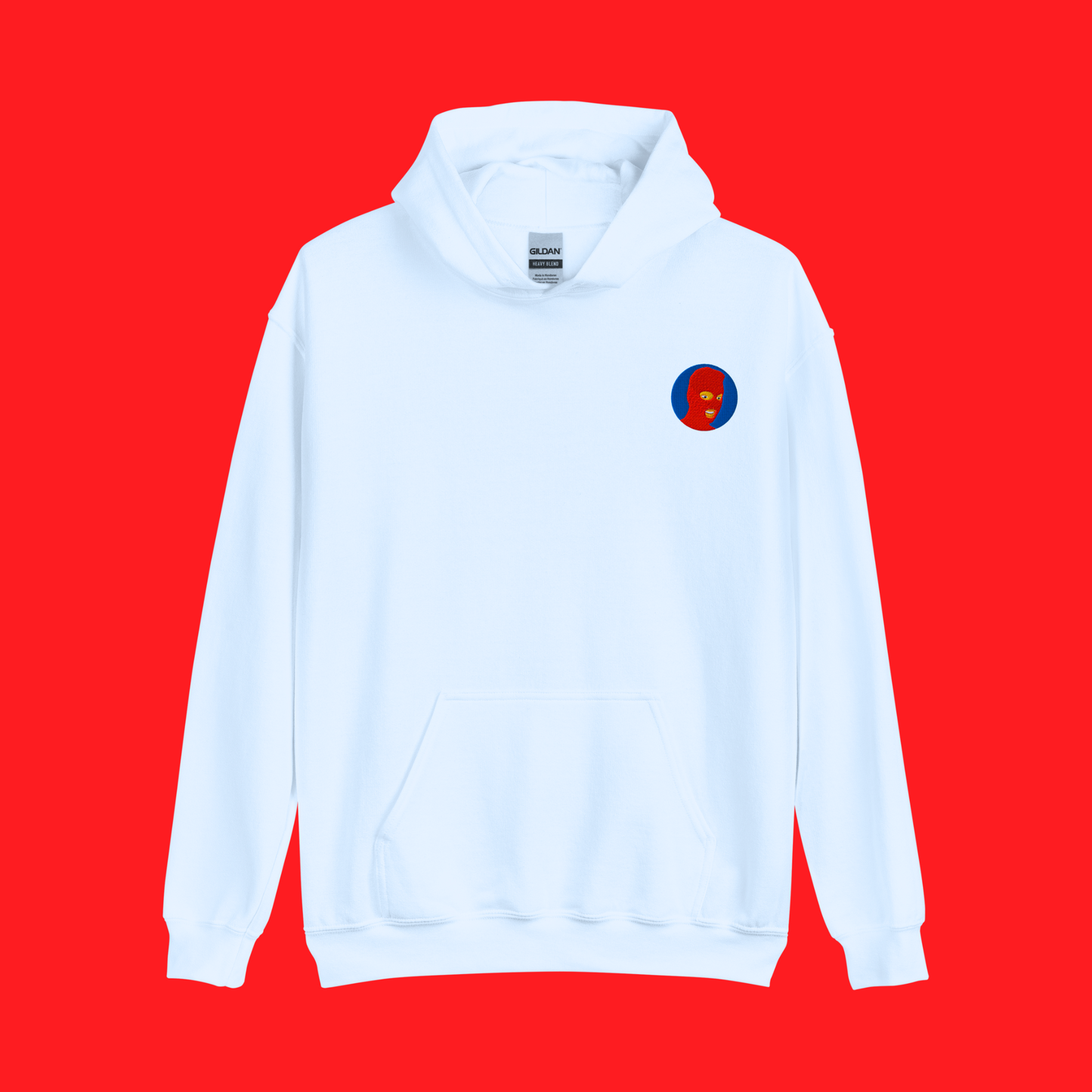 White hoodie mockup for the Red Eye Collection logo variant. Logo features a red mask and blue background.